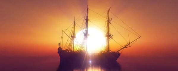 Oude Schip Zonsondergang Zee Weergave Illustratie — Stockfoto