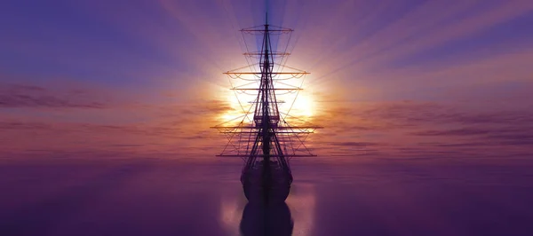 Viejo Barco Puesta Sol Mar Representación Ilustración — Foto de Stock
