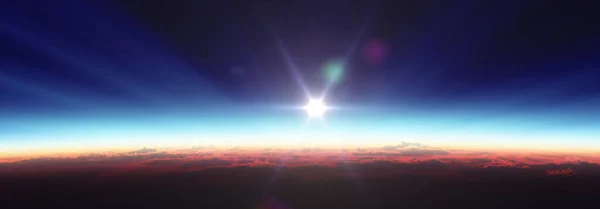 Földi Napfelkelte Űrből Felhős Óceán Felett Renderelés Illusztráció — Stock Fotó