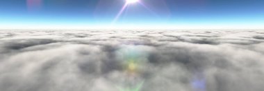 Bulutların üzerinde güneş ışınları, 3 boyutlu resimleme