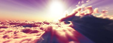 Bulutların üzerinde günbatımı güneş ışığı illüstrasyonu, 3 boyutlu görüntüleme