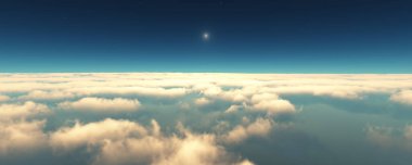 Bulutların üzerinde uç günbatımı manzarası. 3d resimleme