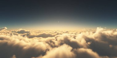 Bulutların üzerinde gün doğumu güneş ışığı çizimi, 3 boyutlu görüntüleme