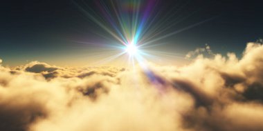 Bulutların üzerinde gün doğumu güneş ışığı çizimi, 3 boyutlu görüntüleme