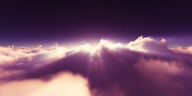 Bulutların üzerinde gün doğumu güneş ışığı çizimi, 3 boyutlu görüntüleme