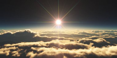 Bulutların üzerinde gün doğumu güneş ışığı çizimi, 3 boyutlu görüntüleme