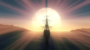 Denizde eski bir gemi dolunay çizimi 3D