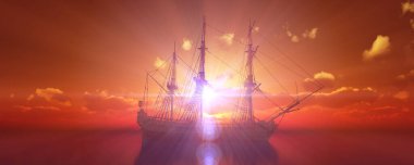 Eski gemi günbatımında deniz 3D resimleme