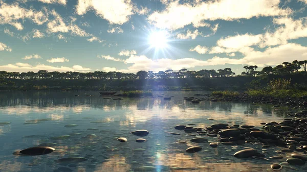 Tropikal gölün üzerinde güzel bir günbatımı, illüstrasyon 3D