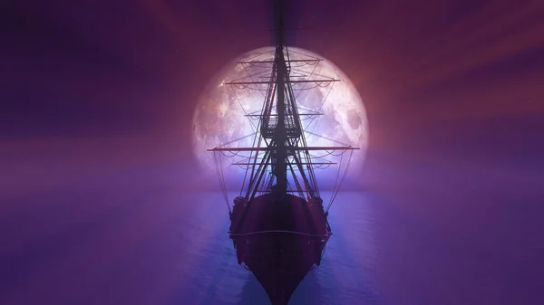 Oud Schip Zee Volle Maan Illustratie Rendering — Stockfoto