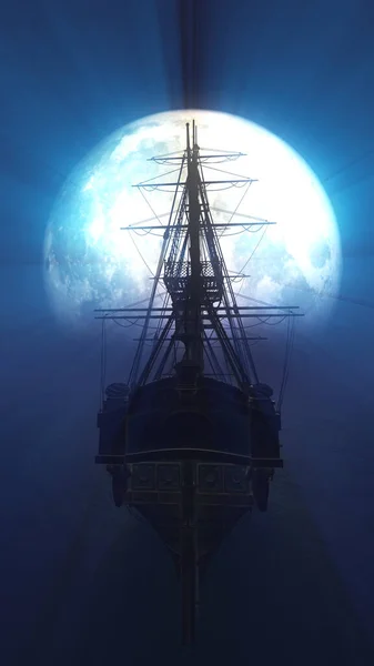 Old Ship Sea Full Moon Illustration Rendering — Stock Photo, Image