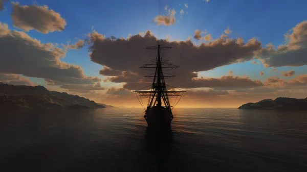 Старий Корабель Захід Сонця Морі Ілюстрація Рендеринга — стокове фото