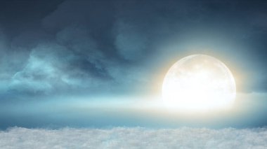 Gece ay ışığında kümülüs bulutları üzerinde güzel ve gerçekçi bir uçuş.