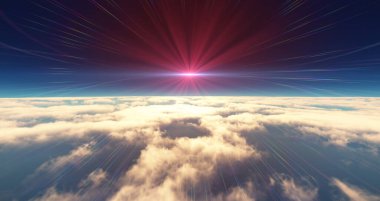 Bulutların üzerinde uç günbatımı manzarası. 3d resimleme