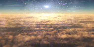 Bulutların üzerinde uç günbatımı manzarası, üç boyutlu resimleme