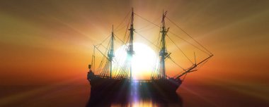 Eski gemi günbatımında deniz 3D resimleme