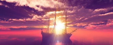 Eski gemi günbatımında deniz 3D resimleme