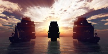 Eski üç gemi gün batımında denizde, 3 boyutlu resimleme