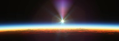 Bulutlu okyanus üzerinden Dünya 'nın doğuşu. 3d resimleme