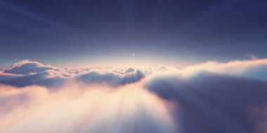 Bulutların üzerinde gün doğumu güneş ışığı çizimi, 3 boyutlu görüntüleme