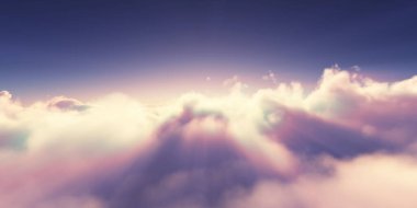 Bulutların üzerinde gün doğumu güneş ışığı çizimi, 3 boyutlu görüntüleme