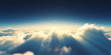 Bulutların üzerinde gün doğumu güneş ışığı çizimi, 3 boyutlu görüntüleme