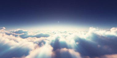 Bulutların üzerinde gün doğumu güneş ışığı çizimi, 3 boyutlu görüntüleme