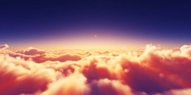 Bulutların üzerinde gün doğumu güneş ışığı çizimi, 3 boyutlu görüntüleme