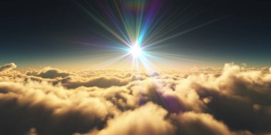 Bulutların üzerinde gün doğumu güneş ışığı çizimi, 3 boyutlu görüntüleme