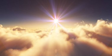 Bulutların üzerinde gün doğumu güneş ışığı çizimi, 3 boyutlu görüntüleme