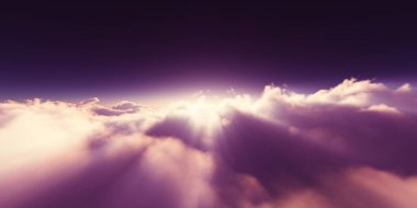 Bulutların üzerinde gün doğumu güneş ışığı çizimi, 3 boyutlu görüntüleme