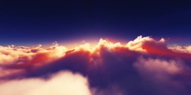 Bulutların üzerinde gün doğumu güneş ışığı çizimi, 3 boyutlu görüntüleme