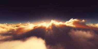 Bulutların üzerinde gün doğumu güneş ışığı çizimi, 3 boyutlu görüntüleme