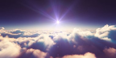 Bulutların üzerinde gün doğumu güneş ışığı çizimi, 3 boyutlu görüntüleme