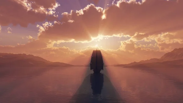 Altes Schiff Auf See Sonnenuntergang Darstellung — Stockfoto