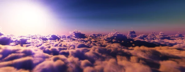 Über Wolken Fliegen Sonnenuntergang Sonnenstrahl Illustration Render — Stockfoto