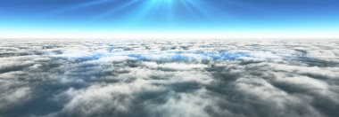 Bulutların üzerinde güneş ışınları, 3 boyutlu resimleme