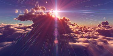 Bulutların üzerinde uç günbatımı manzarası, üç boyutlu resimleme