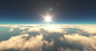 Bulutların üzerinde uç günbatımı manzarası. 3d resimleme