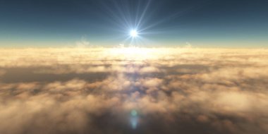 Bulutların üzerinde uç günbatımı manzarası, üç boyutlu resimleme