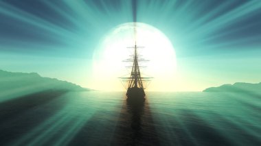 Denizde eski bir gemi dolunay çizimi 3D