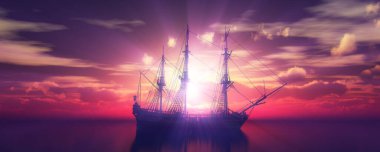 Eski gemi günbatımında deniz 3D resimleme