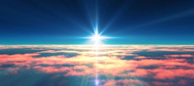 Bulutların üzerinde günbatımı güneş ışığı illüstrasyonu, 3 boyutlu görüntüleme