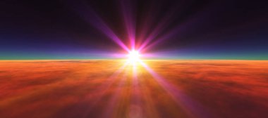 Bulutların üzerinde günbatımı güneş ışığı illüstrasyonu, 3 boyutlu görüntüleme