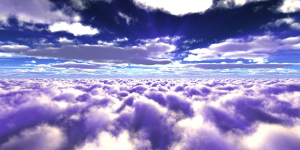 Über Wolken Fliegen Sonnenuntergang Sonnenstrahl Illustration Render — Stockfoto