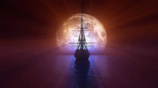 Navio Velho Mar Lua Cheia Ilustração Renderização — Fotografia de Stock