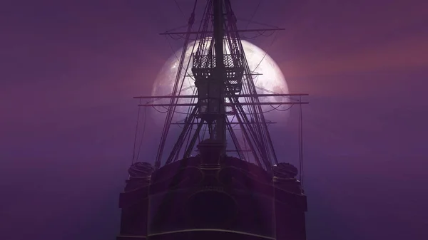 大海中的老船满月图3D渲染 — 图库照片