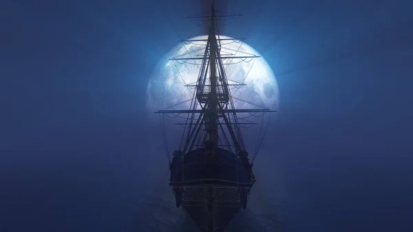 Navio Velho Mar Lua Cheia Ilustração Renderização — Fotografia de Stock