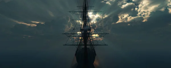 Stary Statek Zachód Słońca Morzu Ilustracji Renderowania — Zdjęcie stockowe