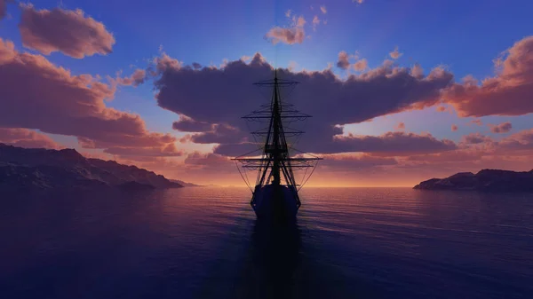 Stary Statek Zachód Słońca Morze Ilustracja Renderowania — Zdjęcie stockowe